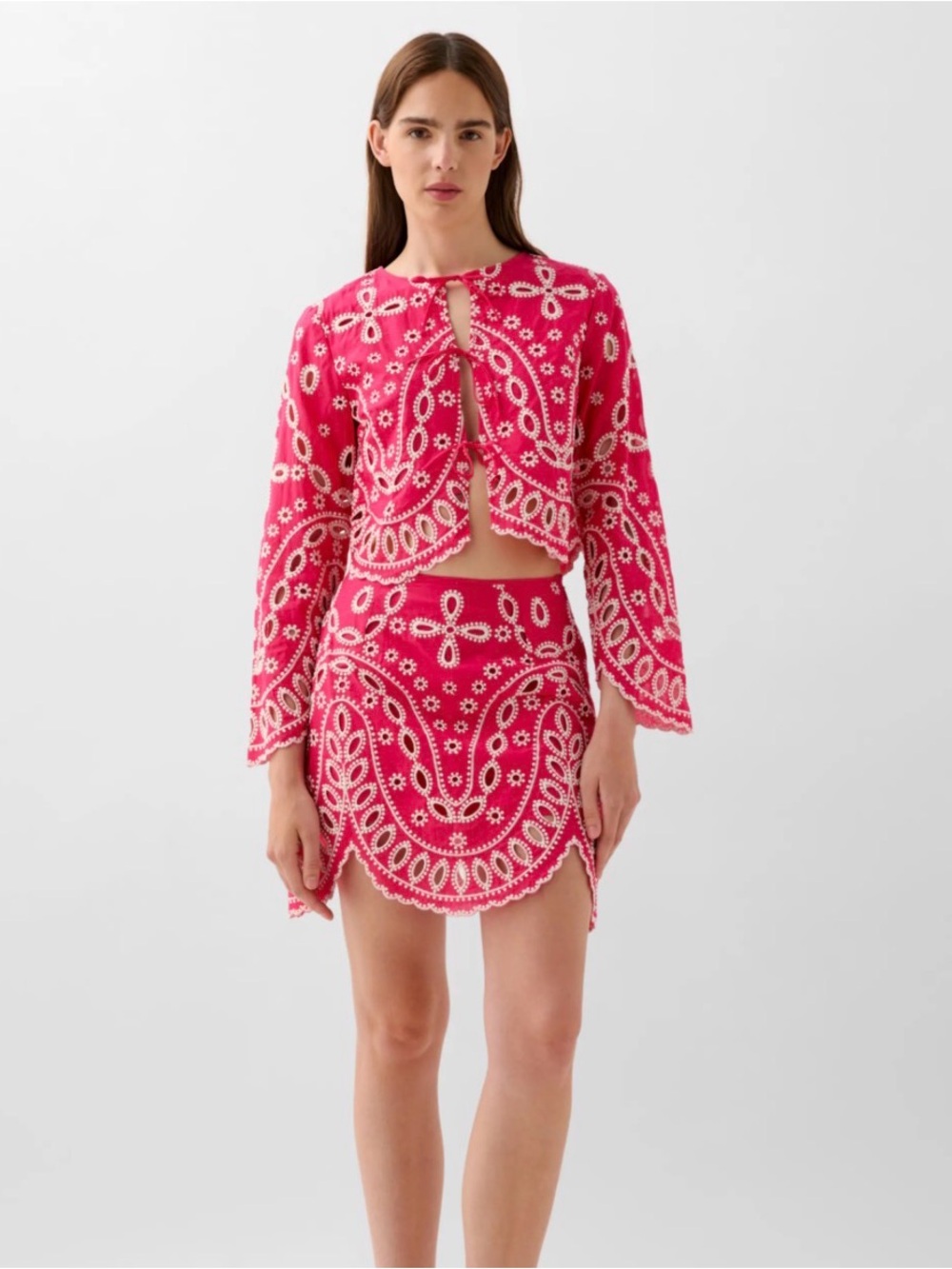 Scalpers Pink Embroidered Two-Piece Skirt Set - Shirt and Skort